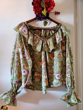 Anthropologie Olive Floral Ruffle Peasant Blouse